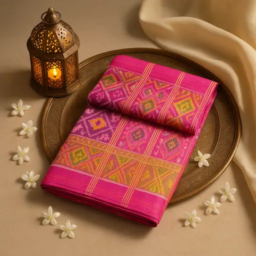 [10409001DE08F3] Vibrant Pink Handloom Ikat Saree with Traditional Motifs