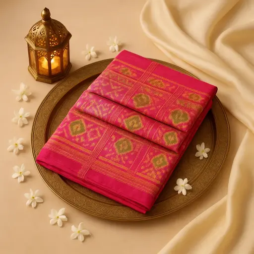 [10409001DE09F3] Exquisite Pink Patola Silk Saree with Traditional Zari Border