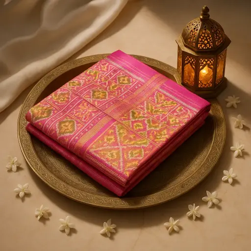[10409001DE10F3] Exquisite Pink Traditional Ikat Silk Saree with Zari Border