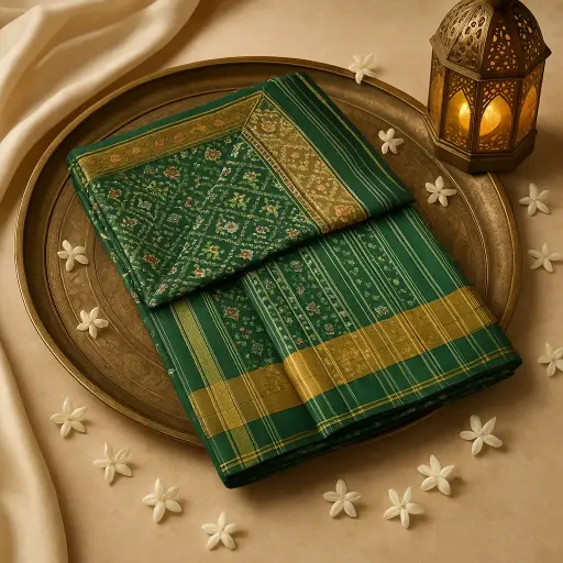 [10409001DE12F3] Elegant Deep Green Traditional Ikat Silk Saree with Zari