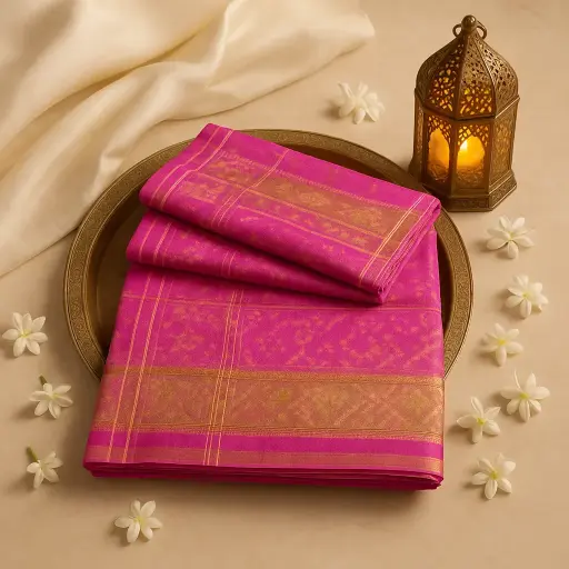 [10409001DE15F3] Elegant Pink Traditional Silk Saree with Rich Gold Border