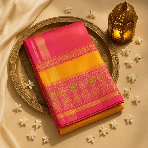 [10409001DE17F3] Elegant Pink and Yellow Patola Silk Saree with Zari Border