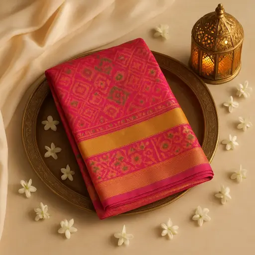 [10409001DE18F3] Exquisite Pink and Yellow Patola Silk Saree with Zari Border 