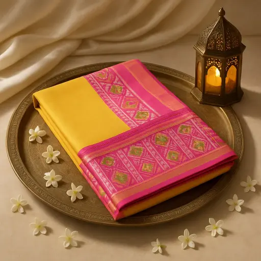 [10409001DE19F3] Exquisite Pink Patola Silk Saree With Golden Zari Border