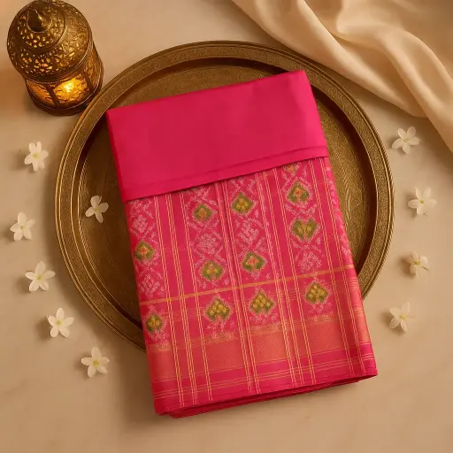 [10409001DE20F3] Vibrant Pink Handloom Silk Saree with Traditional Ikat Motifs 