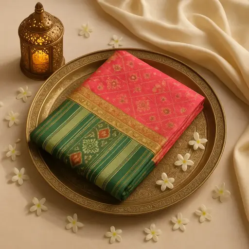 [10409001DE23F3] Elegant Green and Pink Traditional Handloom Ikat Silk Saree