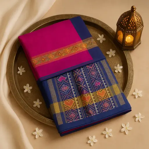 [10409001DE25F3] Exquisite Royal Blue and Pink Handwoven Silk Ikat Saree