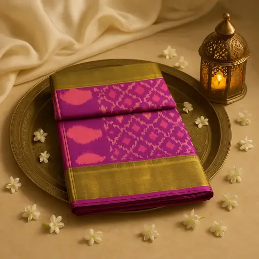 [10409001DE35F3] Elegant Purple Handloom Ikat Saree with Antique Gold Border