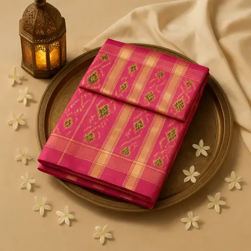 [10409001DE36F3] Elegant Fuchsia Pink Handwoven Silk Saree with Traditional Motifs