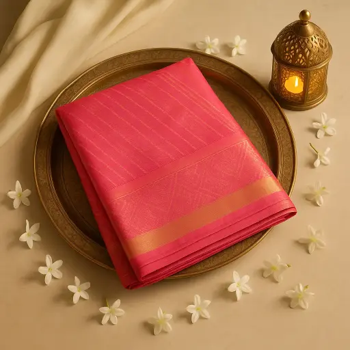 [10409001DE37F3] Elegant Pink Ikat Silk Saree with Rich Copper Zari Border