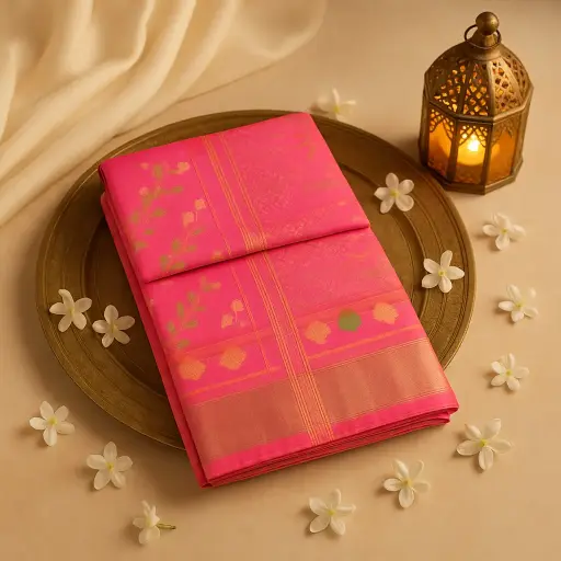 [10409001DE38F3] Elegant Pink Ikat Woven Silk Saree with Traditional Zari