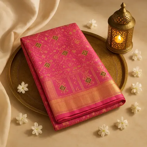 [10409001DE73F3] Elegant Pink Traditional Handloom Silk Saree with Zari Border