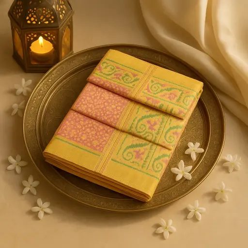 [10409001DE42F3] Elegant Yellow Silk Ikat Saree with Vibrant Patterned Border