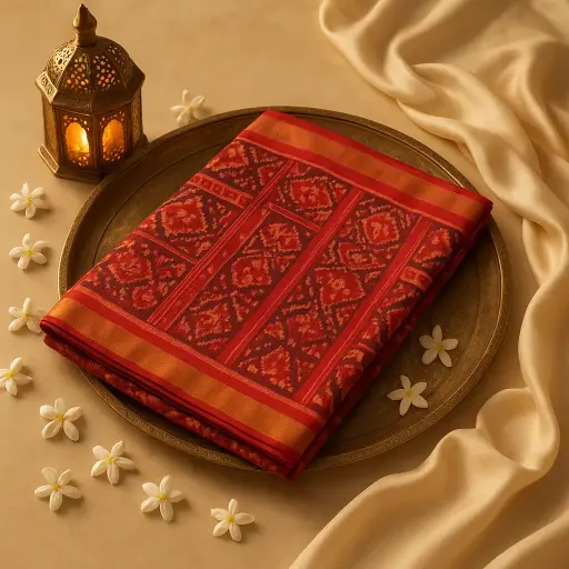 [10409001DE43F3] Elegant Red Ikat Silk Saree with Traditional Zari Border