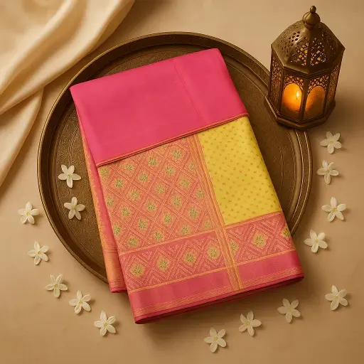 [10409001DE45F3] Exquisite Pink and Yellow Traditional Ikat Silk Designer Saree