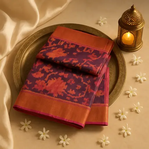 [10409001DE52F3] Elegant Purple Ikat Designer Saree with Rich Zari Border