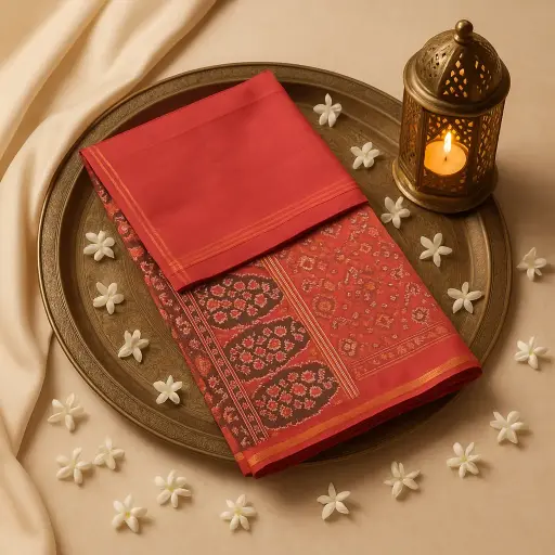 [10409001DE60F3] Elegant Maroon Handloom Ikat Silk Saree with Traditional Motifs