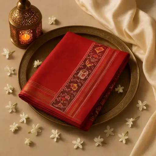 [10409001DE63F3] Elegant Red Silk Saree with Traditional Ikat Elephant Motifs
