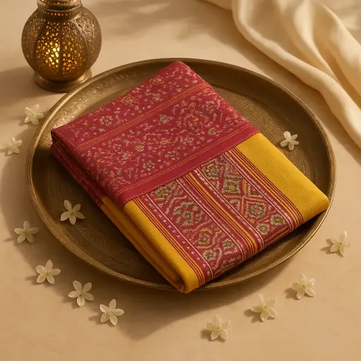 [10409001DE65F3] Elegant Maroon and Mustard Patola Silk Designer Saree