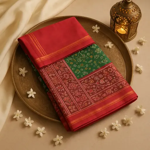 [10409001DE67F3] Luxury Handcrafted Red and Green Patola Silk Saree