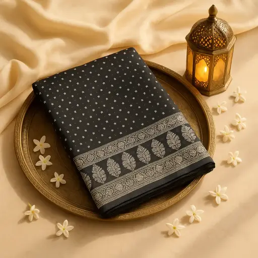 [59912001DF29F3] Elegant Black Bandhani Saree with Traditional Lucknowi Border