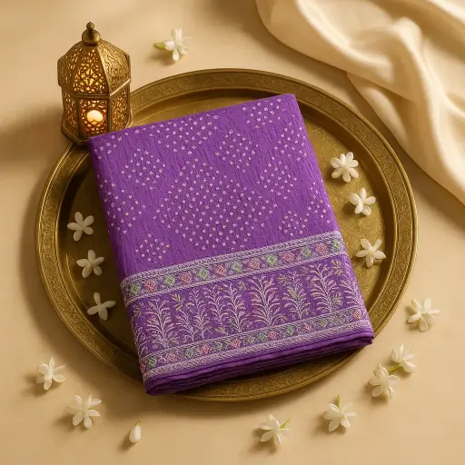 [59912001DF35F3] Elegant Purple Bandhani Saree with Intricate Lucknowi Embroidery Border