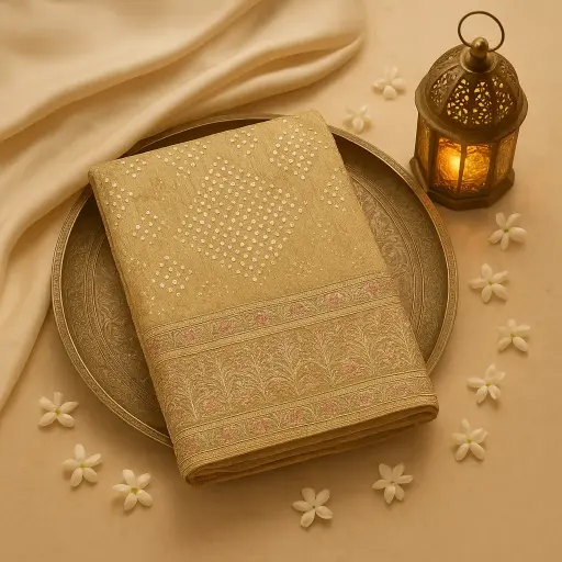 [59912001DF36F3] Elegant Gold Crinkled Saree with Traditional Floral Embroidery