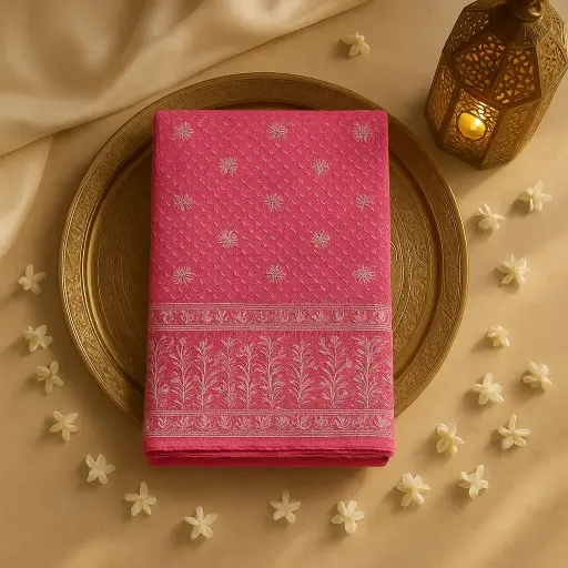[59912001DF47F3] Elegant Pink Bandhani Saree with Intricate Lucknawi Butta Embroidery