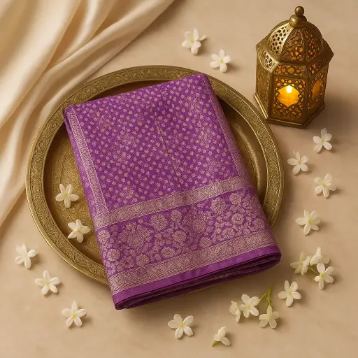 [59912001DF81F3] Elegant Purple Bandhani Saree with Intricate Zari Border
