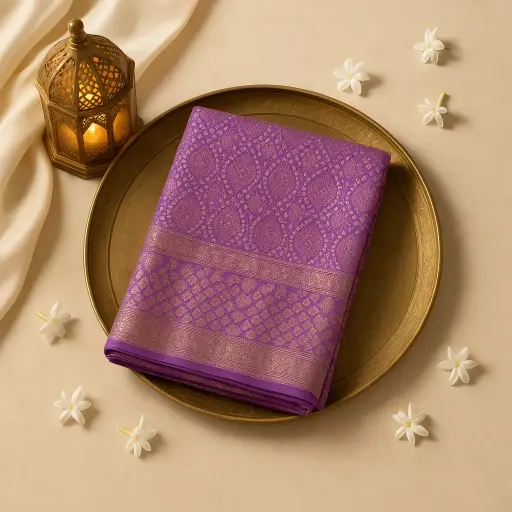 [59912001DF83F3] Elegant Purple Bandhani Saree with Rich Zari Border