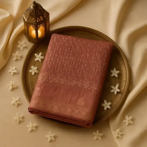 [59912001DF48F3] Elegant Dusty Rose Bandhani Saree with Traditional Zari Border