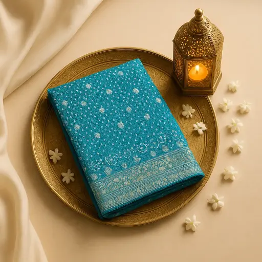 [59912001DF49F3] Elegant Teal Bandhani Saree with Rich Silver Zari Border