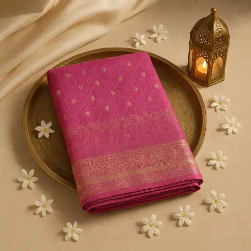 [59912001DF50F3] Elegant Pink Bandhani Raw Silk Saree with Zari Border