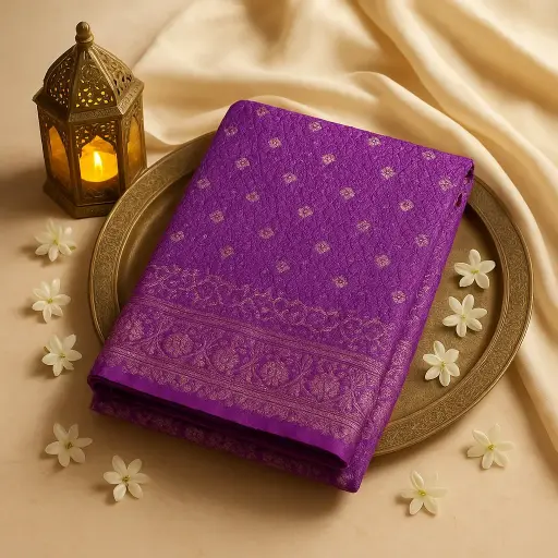 [59912001DF51F3] Elegant Royal Purple Bandhani Saree with Rich Silver Zari Border