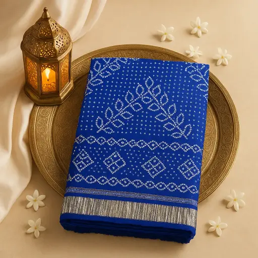 [59912001DF63F3] Royal Blue Gaji Silk Bandhani Saree with Rich Silver Border