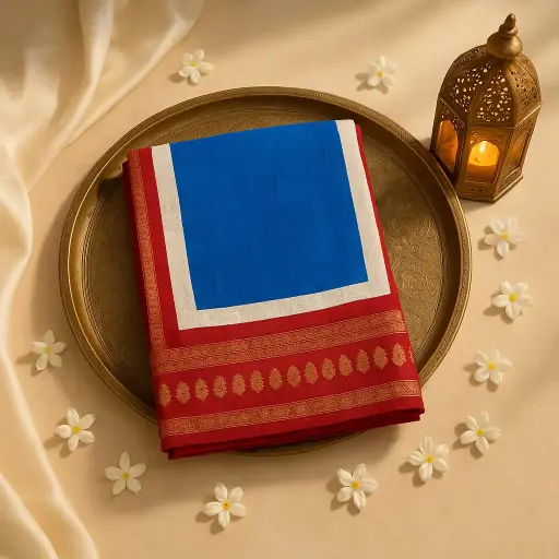 [59912001DF66F3] Elegant Royal Blue and Maroon Designer Silk Saree