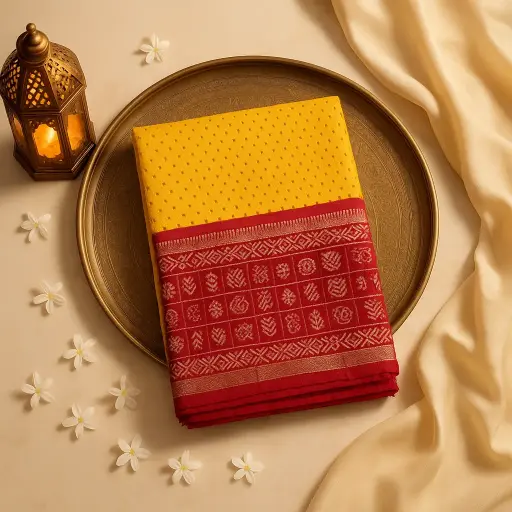 [59912001DF76F3] Yellow and Red Bandhani Saree with Zari Chequered Border
