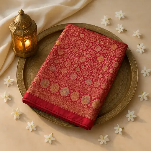 [59912046DF80F3] Exquisite Red Heavy Mina Bandhani Banarasi Silk Saree