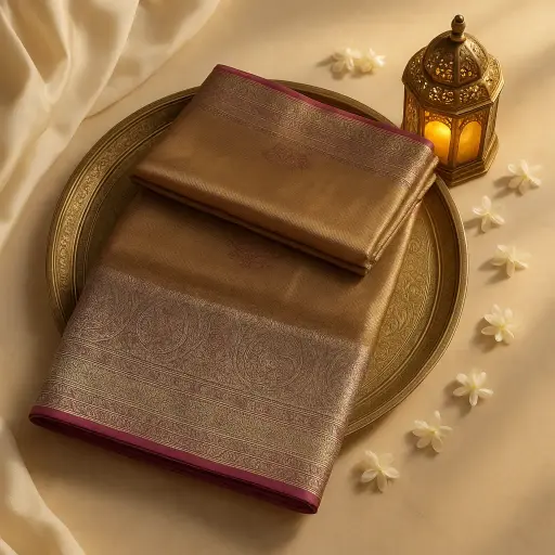 [97709001DI87F3] Elegant Tissue Silk Meena Saree in Golden Copper with Zari