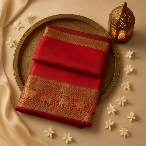 [97709001DI93F3] Elegant Deep Red Silk Brocade Saree with Elephant Zari Border