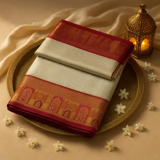 [97709001DH02F3] Elegant Off-White and Maroon Meena Brocade Silk Saree