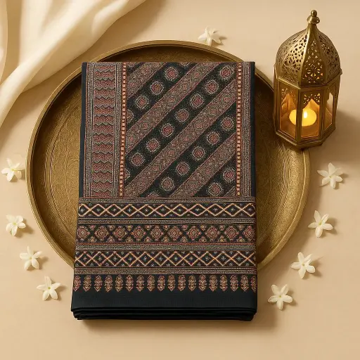 [87312001DI34F3] Elegant Ajrakh Inspired Designer Saree with Intricate Zari Detailing