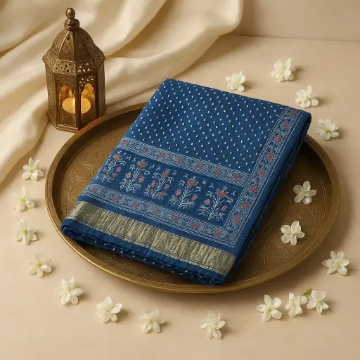 [87312001DI35F3] Elegant Royal Blue Bandhani Saree with Floral Embroidery Border
