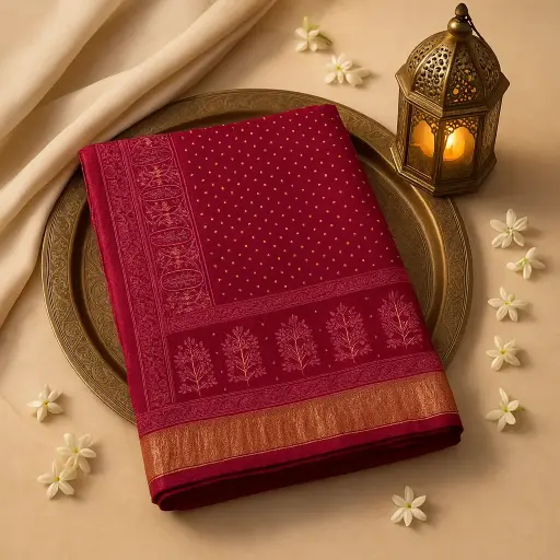 [87312001DI36F3] Elegant Maroon Bandhani Saree with Traditional Lucknowi Embroidery