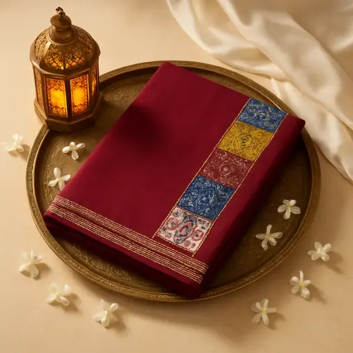 [87312001DI40F3] Maroon Patchwork Designer Saree with Traditional Print Accents