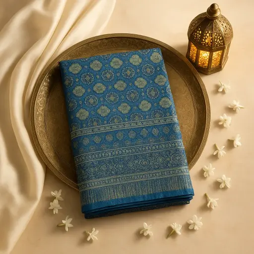 [87312001DI52F3] Elegant Blue Ajrakh Hand-Block Printed Designer Saree