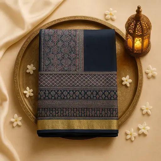 [87312001DI53F3] Elegant Black Ajrakh Print Designer Saree with Zari Border