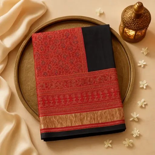 [87312001DI54F3] Elegant Ajrakh Print Saree with Rich Metallic Border