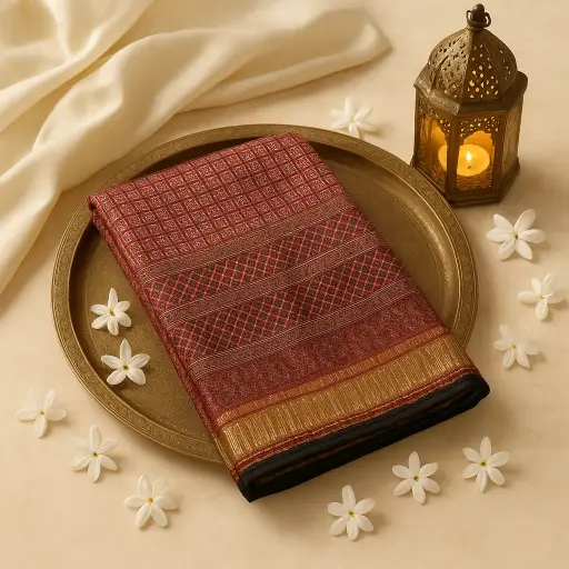 [87312001DI55F3] Elegant Ajrakh Print Cotton Saree with Traditional Gold Border