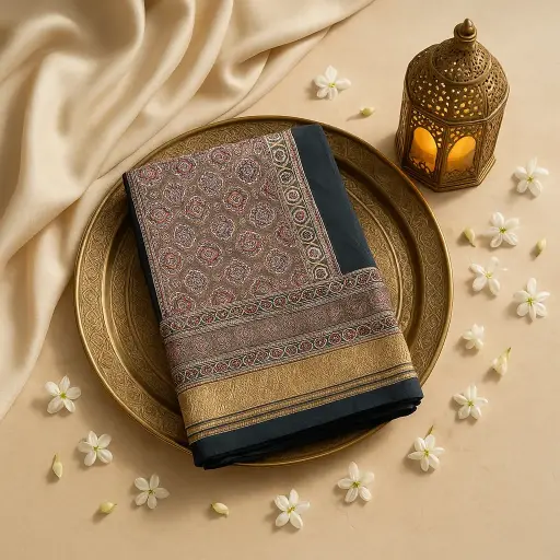 [87312001DI57F3] Elegant Black and Brown Ajrakh Print Designer Saree
